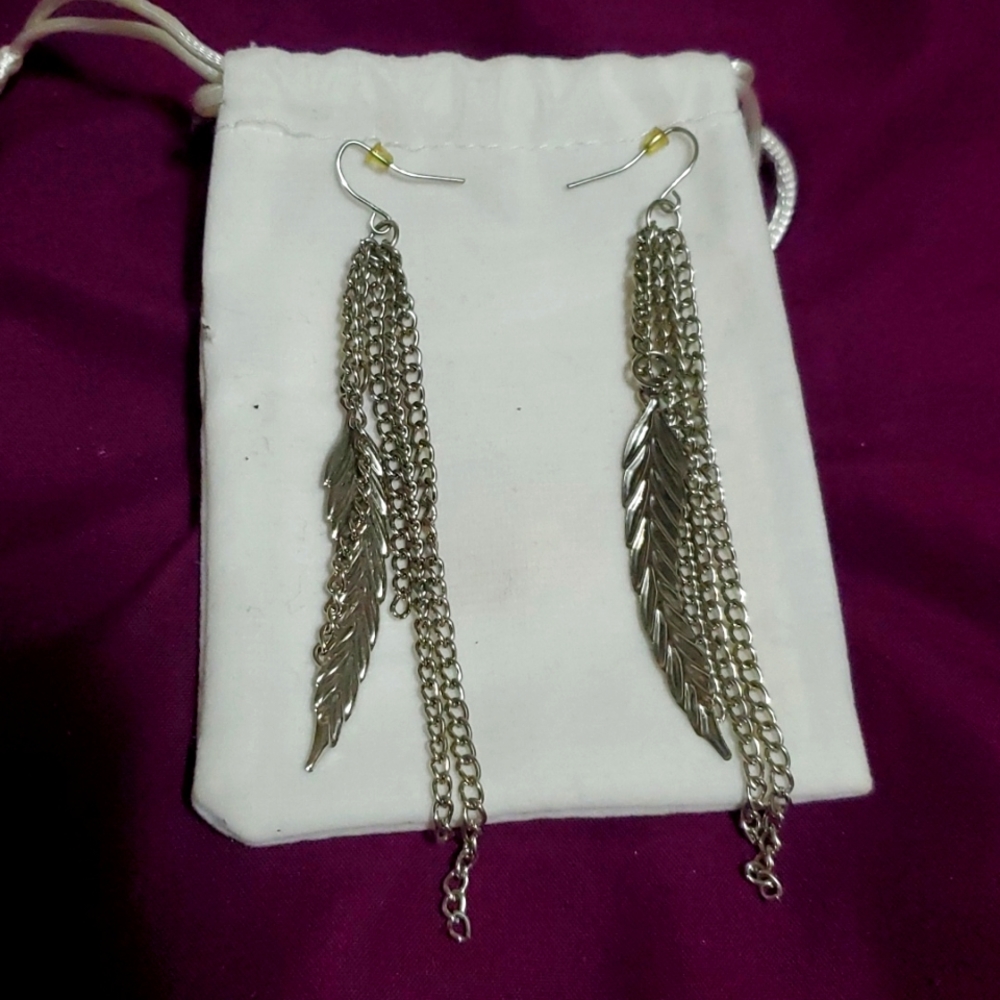 Long Silver Feather Earrings